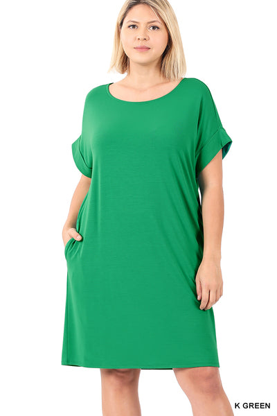 PLUS ROLLED SHORT SLEEVE ROUND NECK DRESS